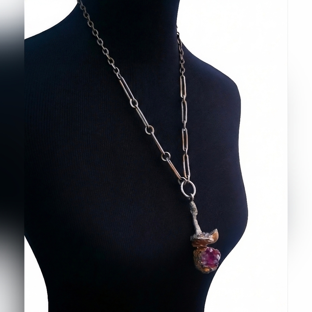 Vintage Brutalist Pewter and Amethyst Necklace - Picture 4 of 6